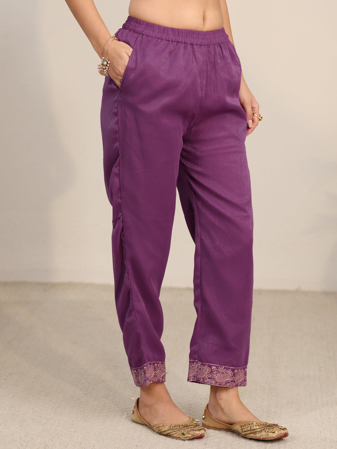 Libas Burgundy Embroidered Chinon Straight Suit Set