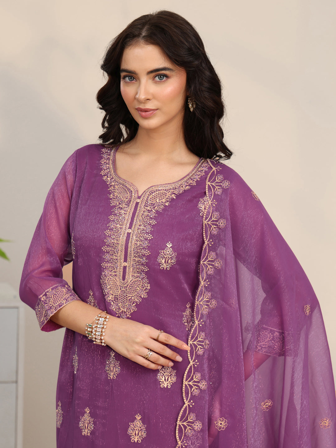Libas Burgundy Embroidered Chinon Straight Suit Set