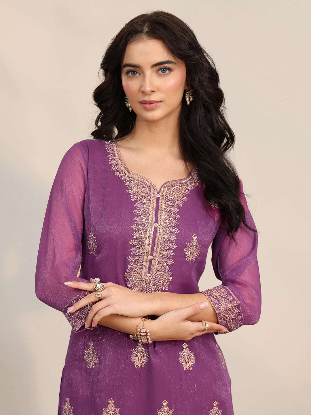 Libas Burgundy Embroidered Chinon Straight Suit Set