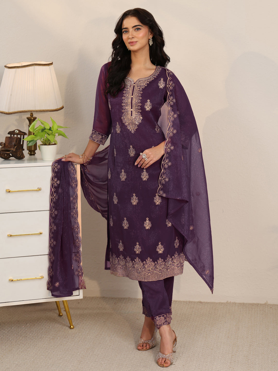 Libas Burgundy Embroidered Chinon Straight Suit Set