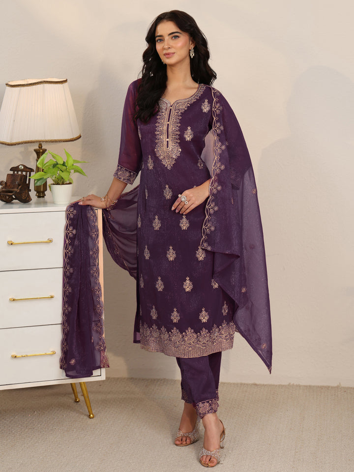 Libas Burgundy Embroidered Chinon Straight Suit Set