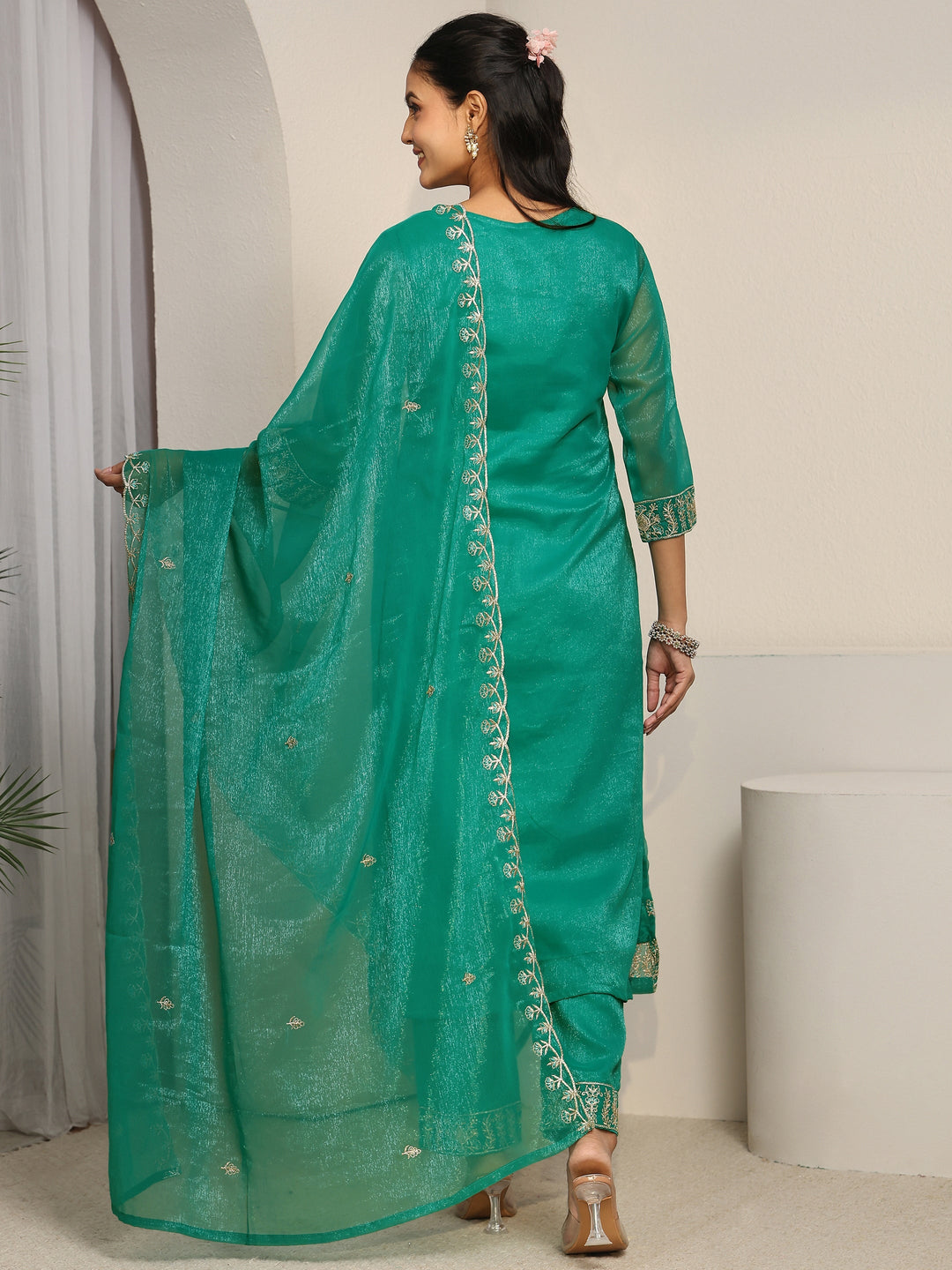 Libas Sea Green Floral Embroidered Chinon Straight Suit Set