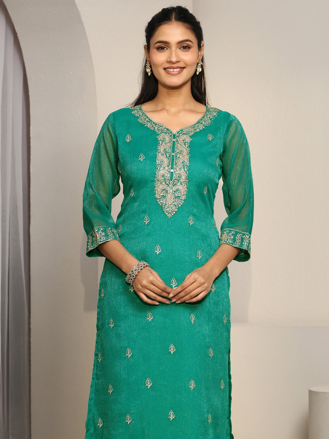 Libas Sea Green Floral Embroidered Chinon Straight Suit Set