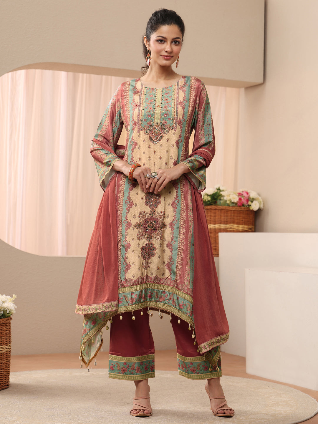 Beige Floral Printed Muslin A-Line Suit Set