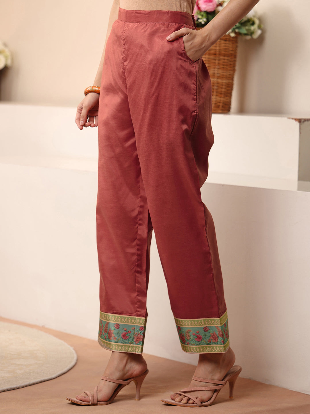 Beige Floral Printed Muslin A-Line Suit Set