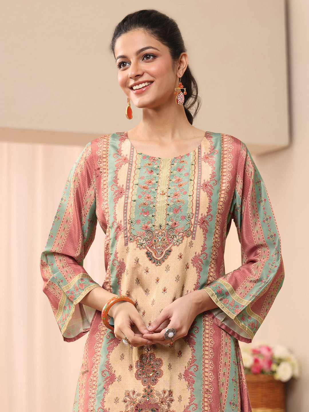 Beige Floral Printed Muslin A-Line Suit Set