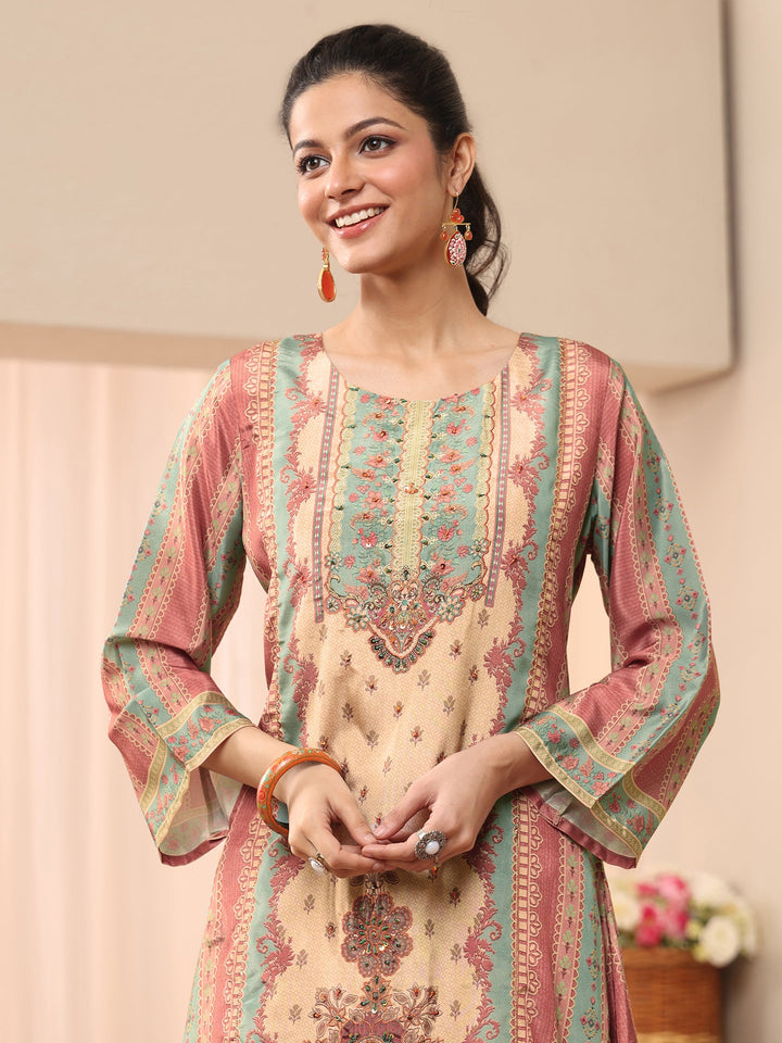 Beige Floral Printed Muslin A-Line Suit Set