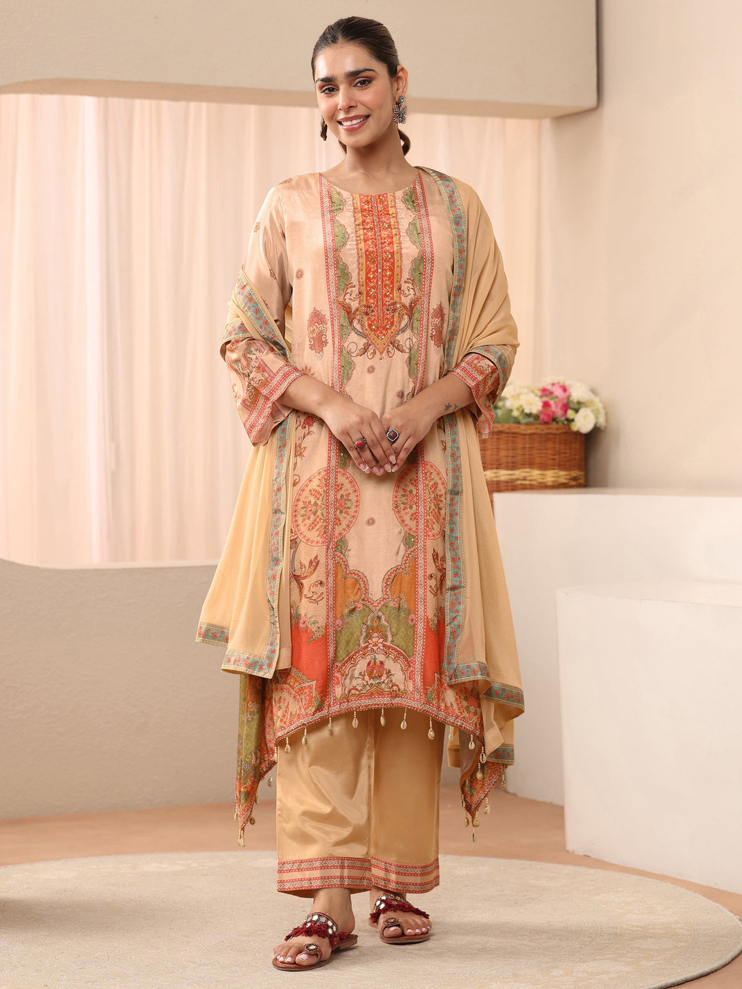 Beige Floral Printed Muslin A-Line Suit Set