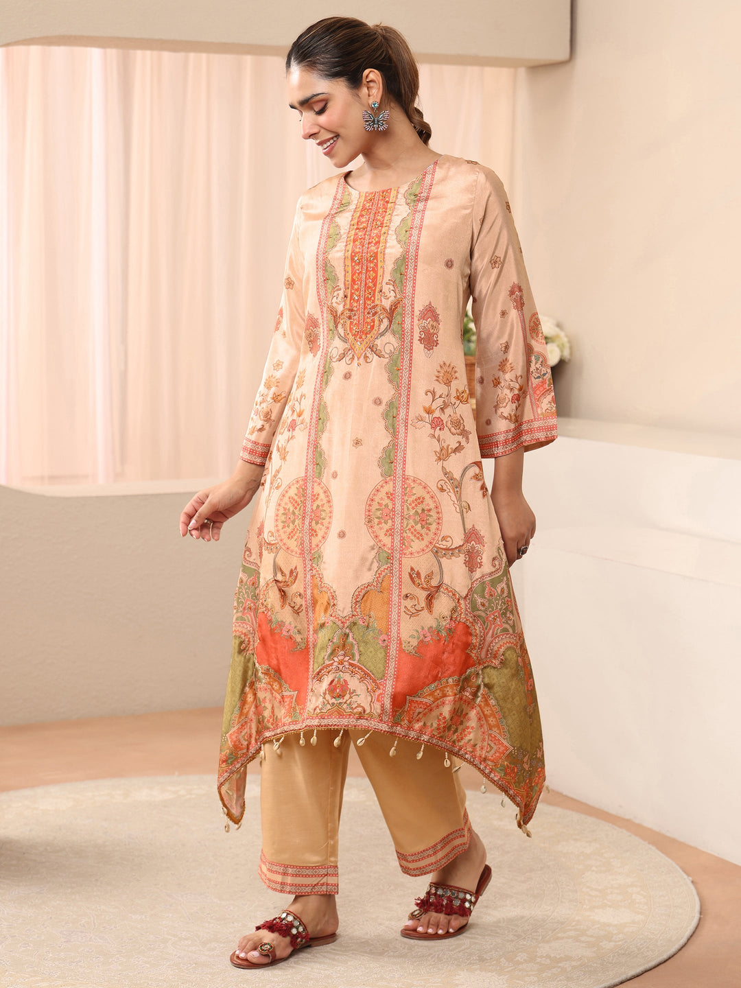 Beige Floral Printed Muslin A-Line Suit Set