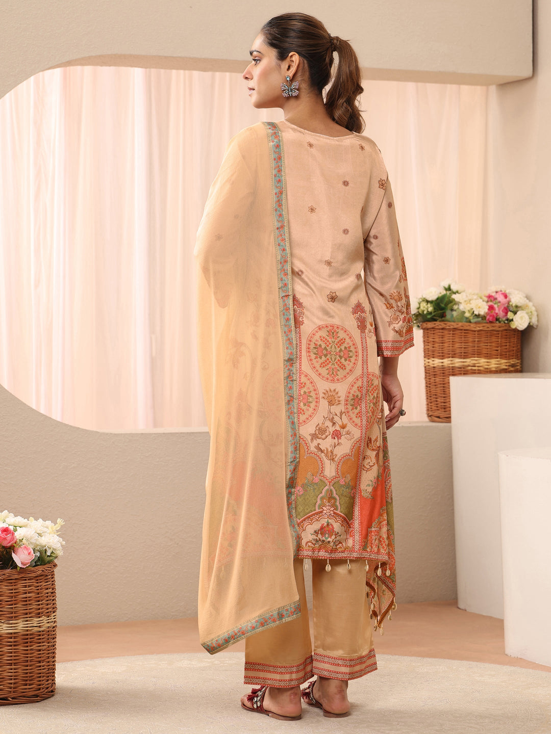 Beige Floral Printed Muslin A-Line Suit Set
