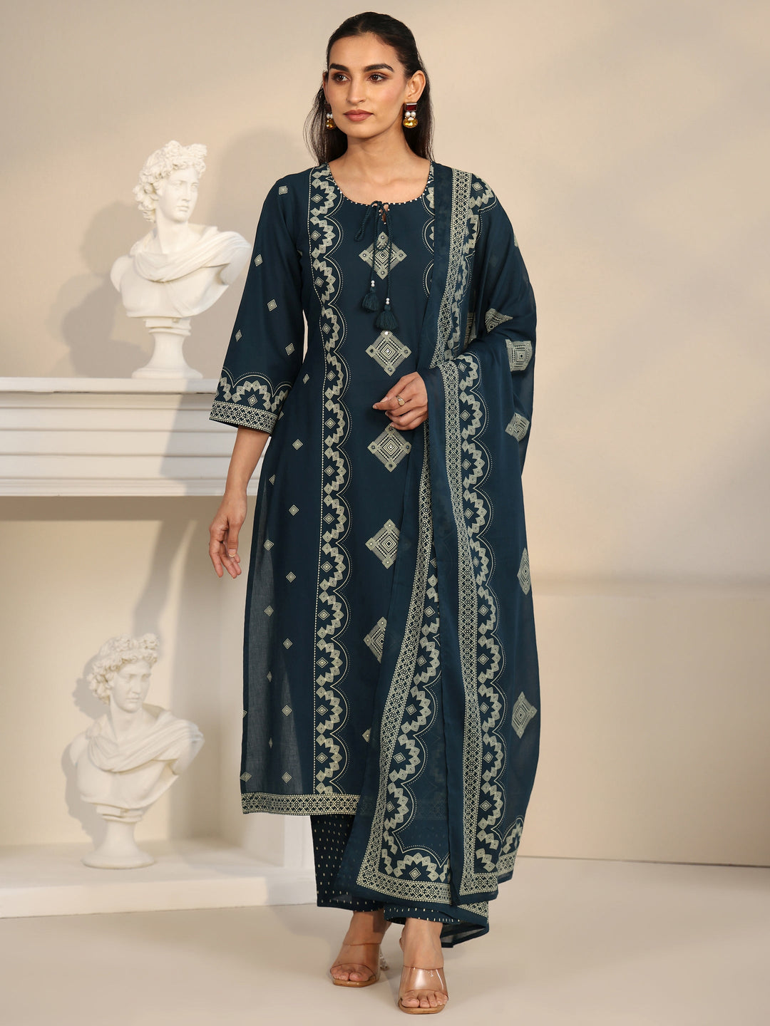 Libas Midnight Blue Printed Cotton A-line Suit Set