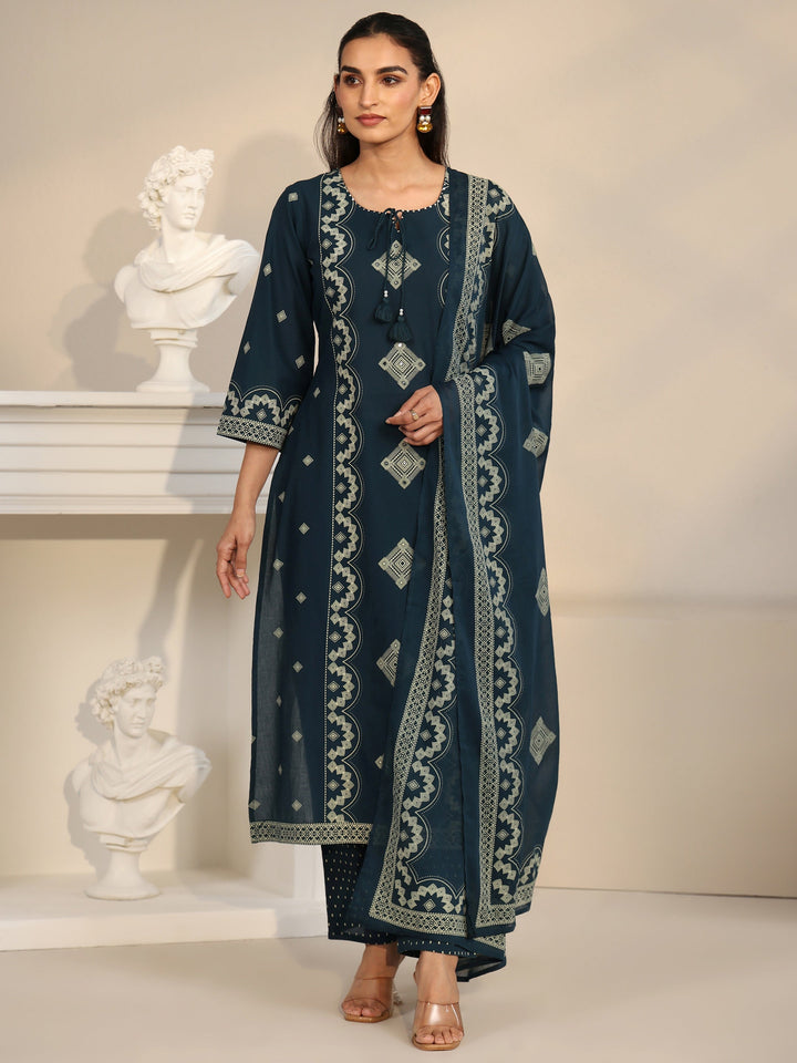 Libas Midnight Blue Printed Cotton A-line Suit Set