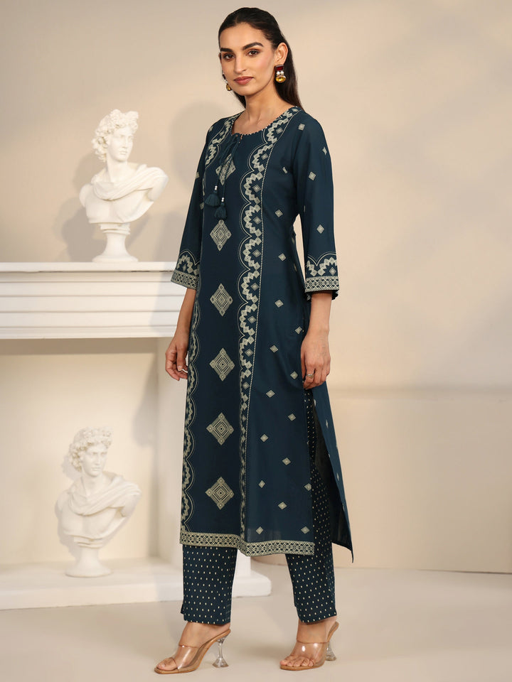 Libas Midnight Blue Printed Cotton A-line Suit Set