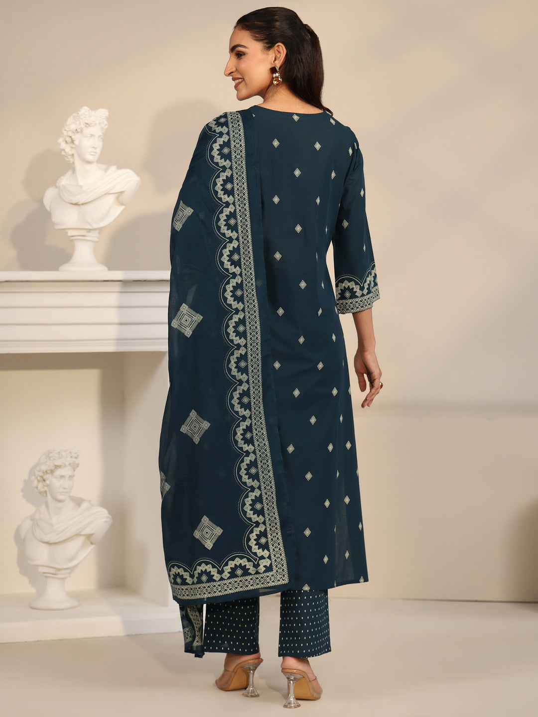 Libas Midnight Blue Printed Cotton A-line Suit Set