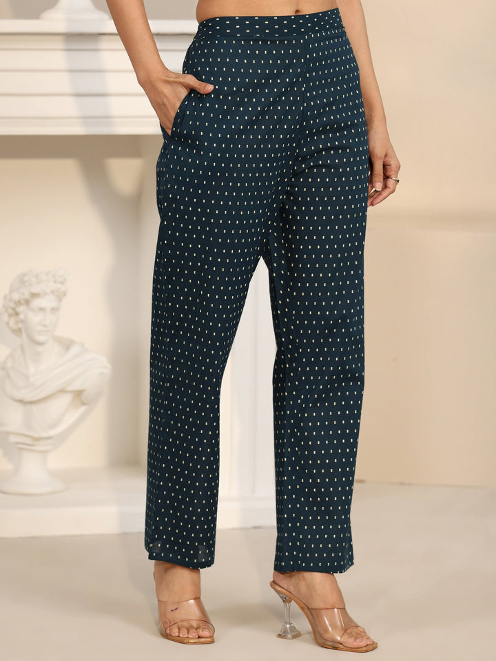 Libas Midnight Blue Printed Cotton A-line Suit Set