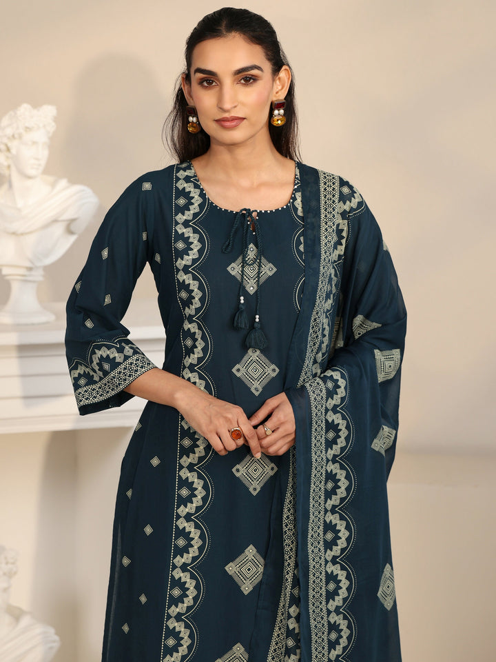 Libas Midnight Blue Printed Cotton A-line Suit Set