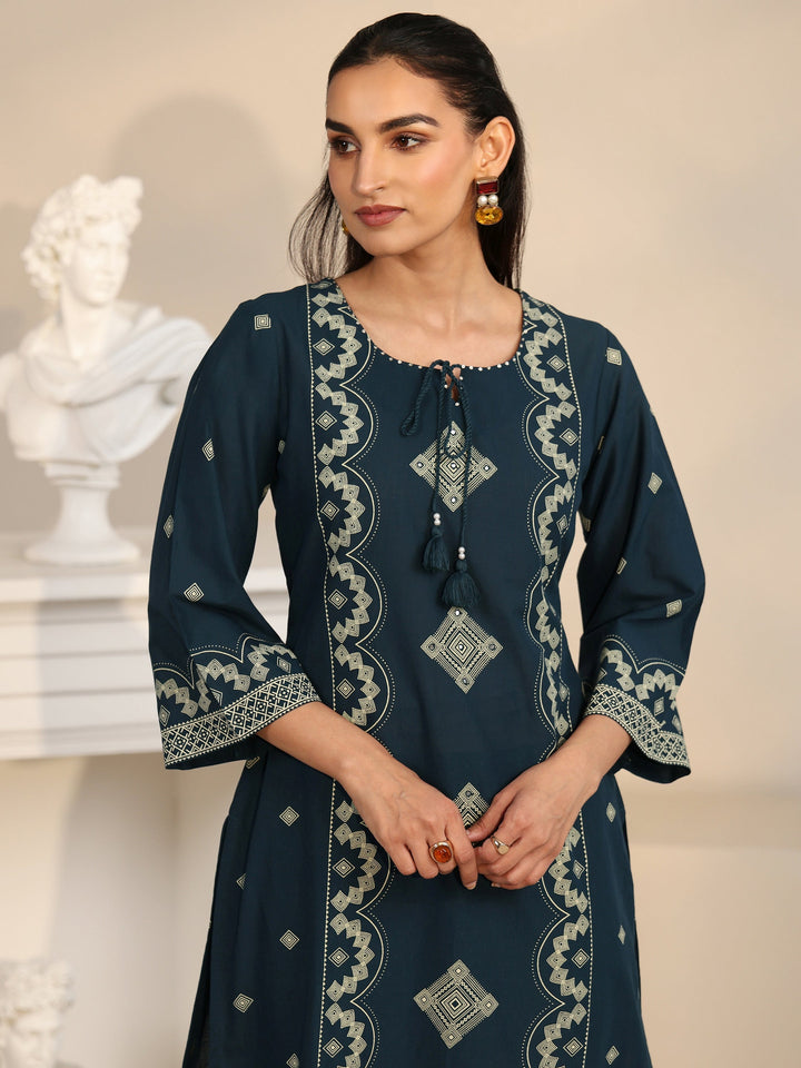 Libas Midnight Blue Printed Cotton A-line Suit Set