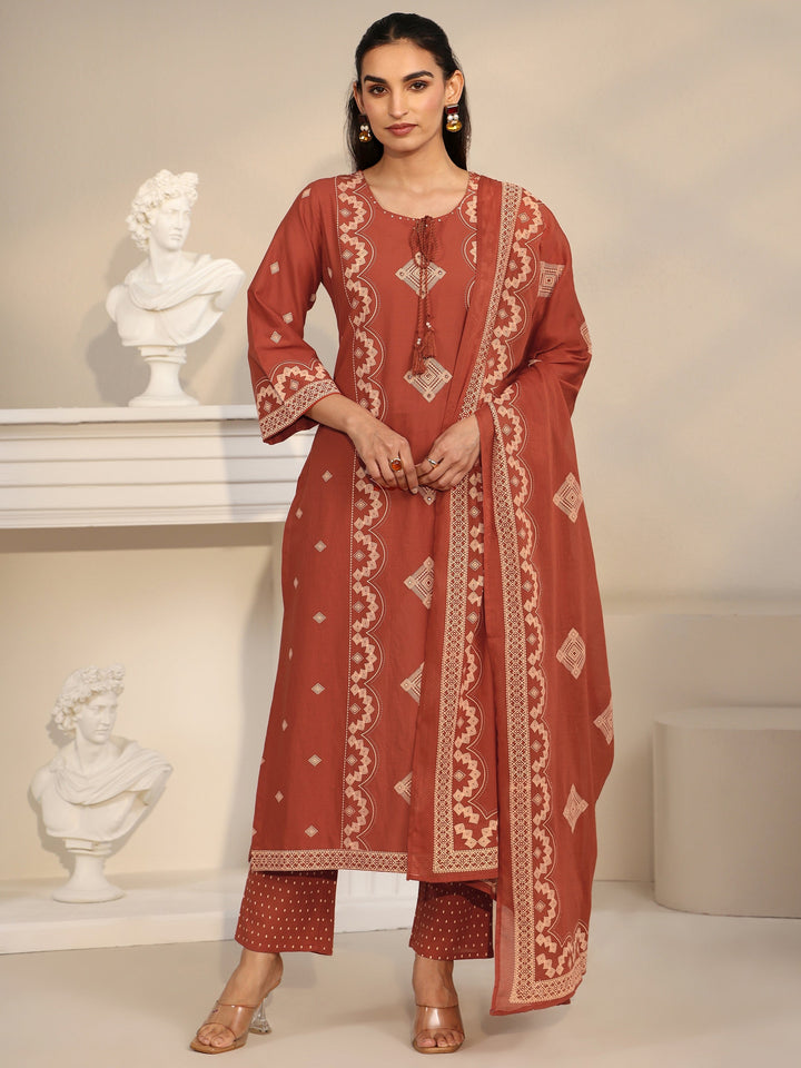 Libas Rust Brown Printed Cotton A-line Suit Set