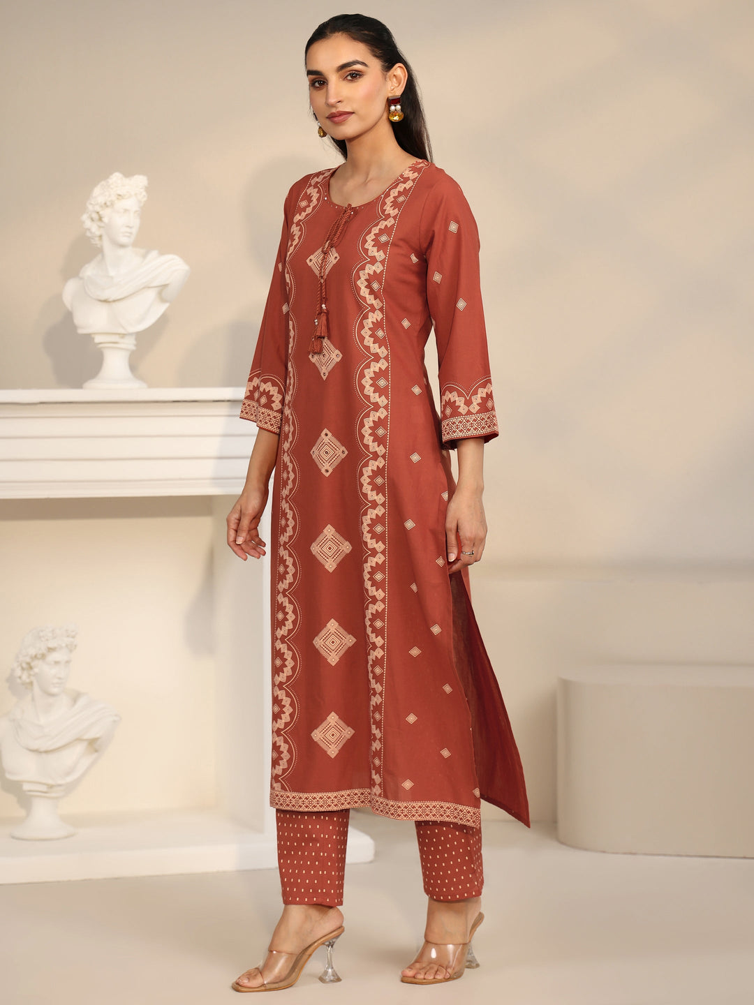 Libas Rust Brown Printed Cotton A-line Suit Set