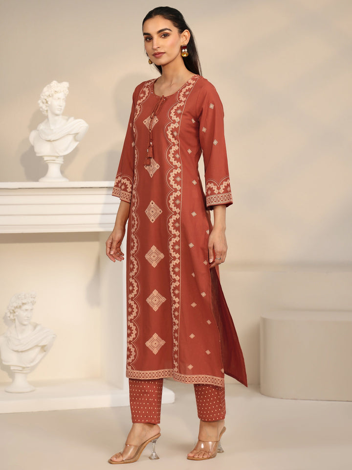 Libas Rust Brown Printed Cotton A-line Suit Set