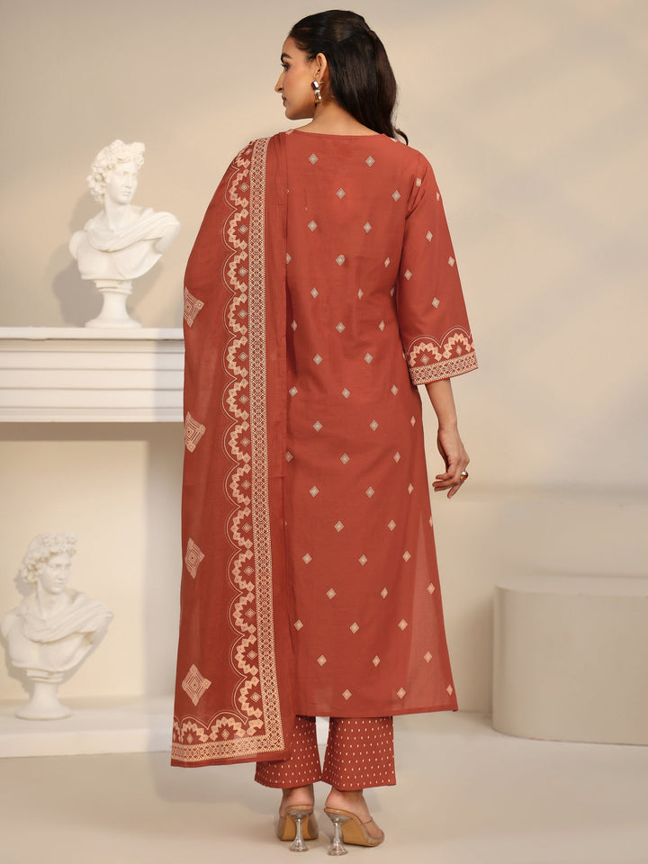 Libas Rust Brown Printed Cotton A-line Suit Set