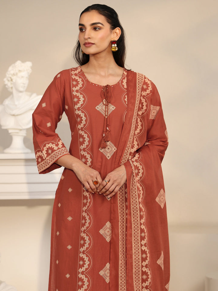 Libas Rust Brown Printed Cotton A-line Suit Set