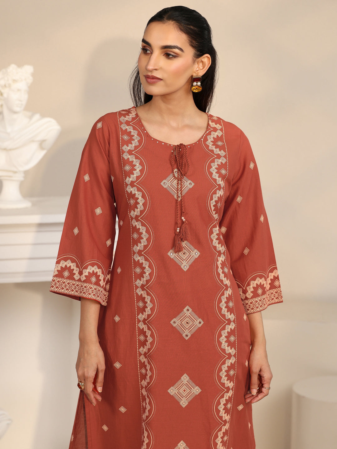 Libas Rust Brown Printed Cotton A-line Suit Set