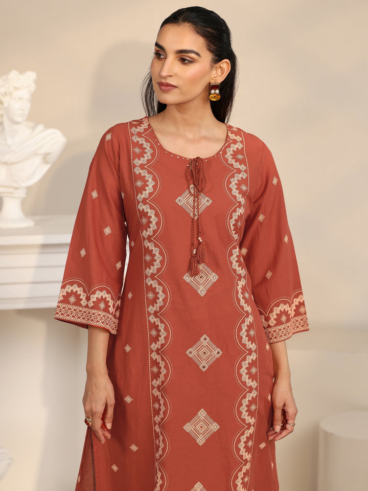 Libas Rust Brown Printed Cotton A-line Suit Set
