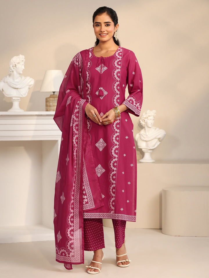 Libas Rose Pink Printed Cotton A-line Suit Set
