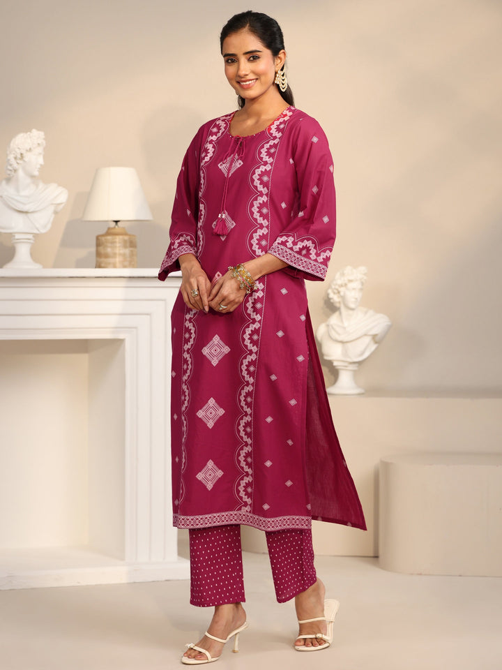 Libas Rose Pink Printed Cotton A-line Suit Set