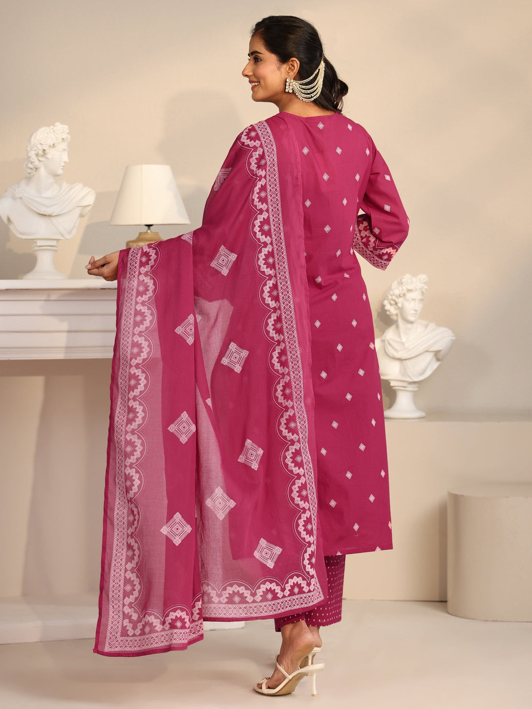 Libas Rose Pink Printed Cotton A-line Suit Set