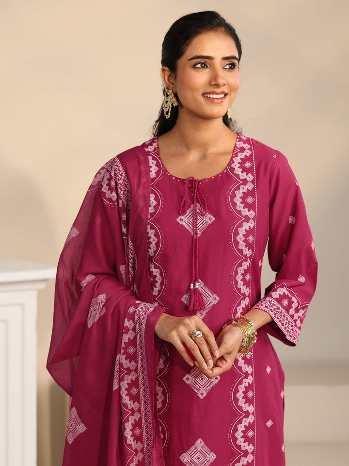 Libas Rose Pink Printed Cotton A-line Suit Set