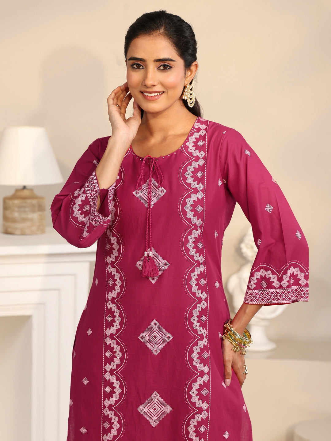 Libas Rose Pink Printed Cotton A-line Suit Set