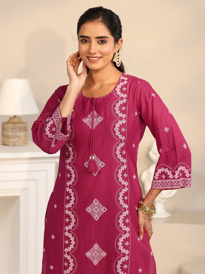 Libas Rose Pink Printed Cotton A-line Suit Set