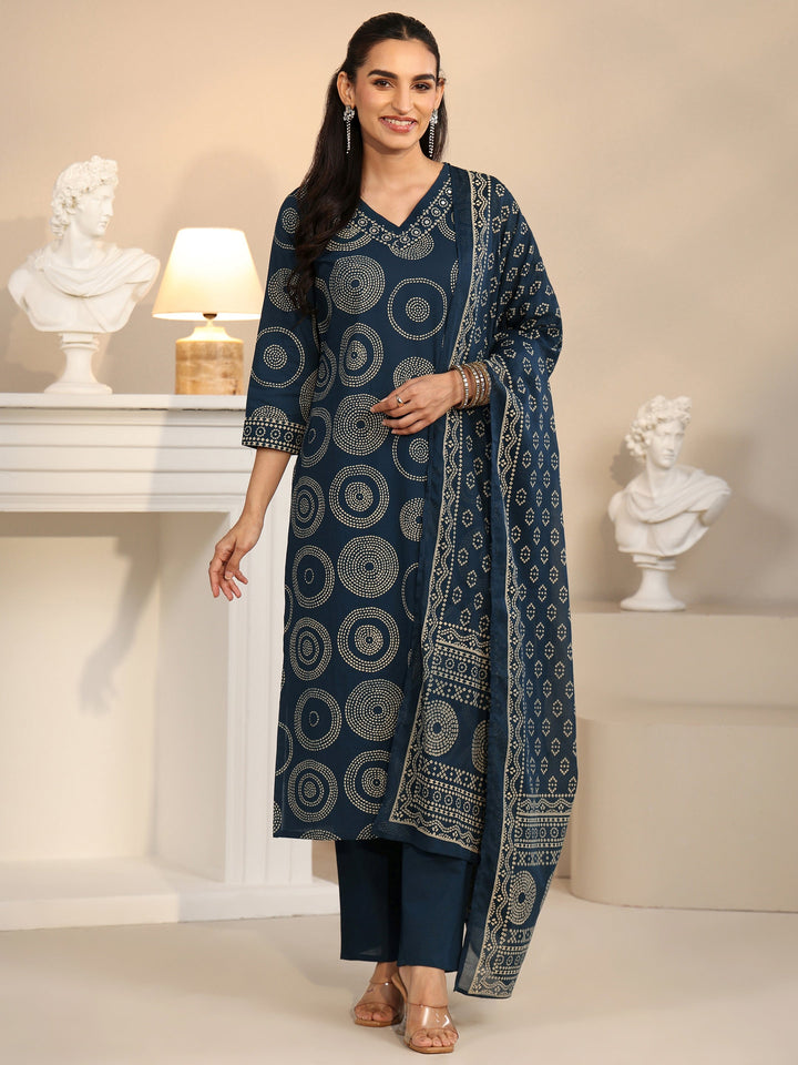 Libas Teal Blue Circular Print Cotton Straight Suit Set