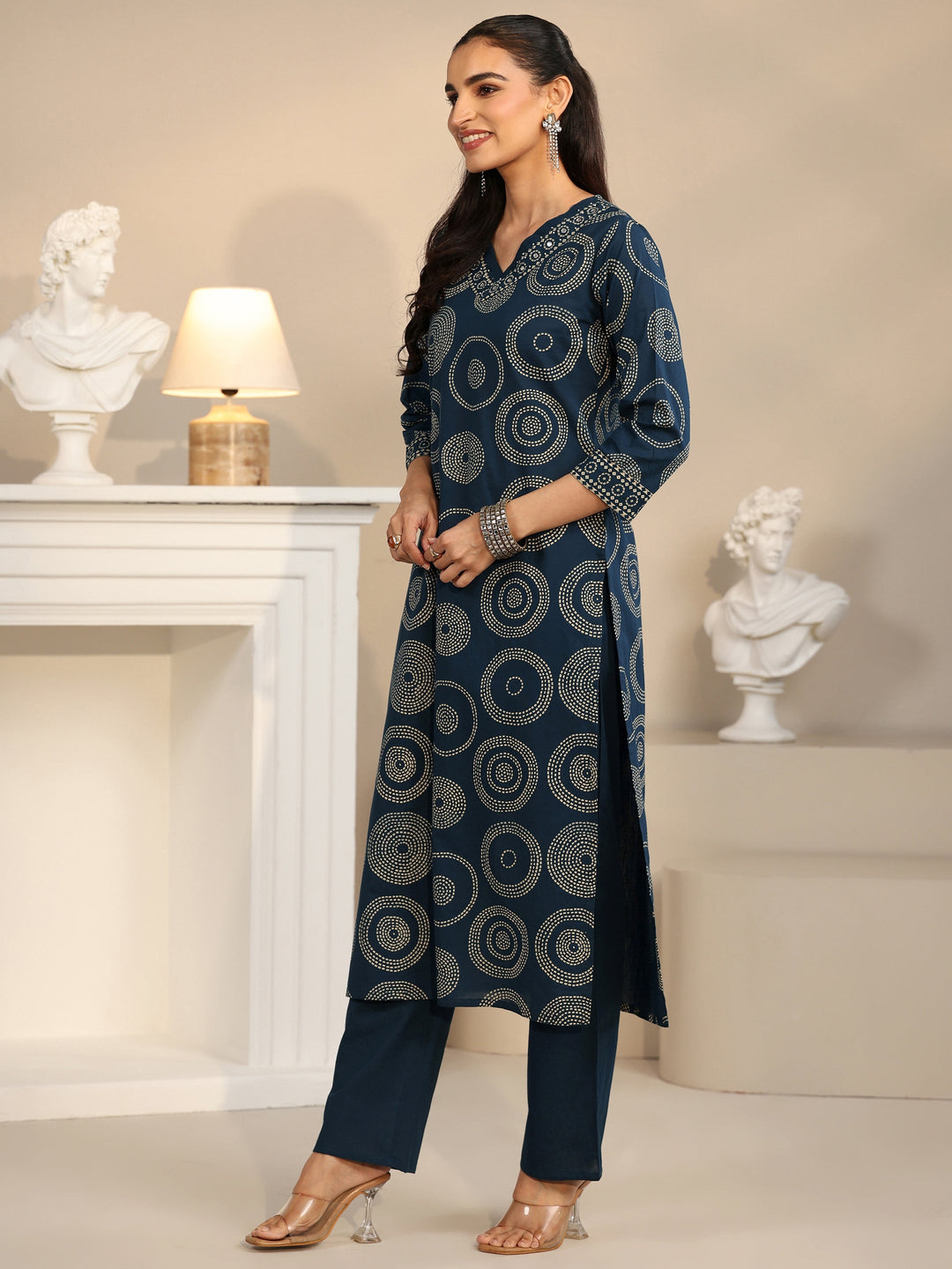 Libas Teal Blue Circular Print Cotton Straight Suit Set