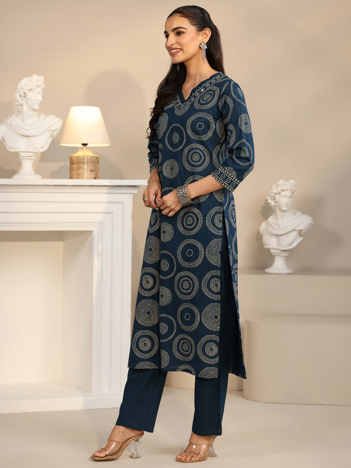 Libas Teal Blue Circular Print Cotton Straight Suit Set