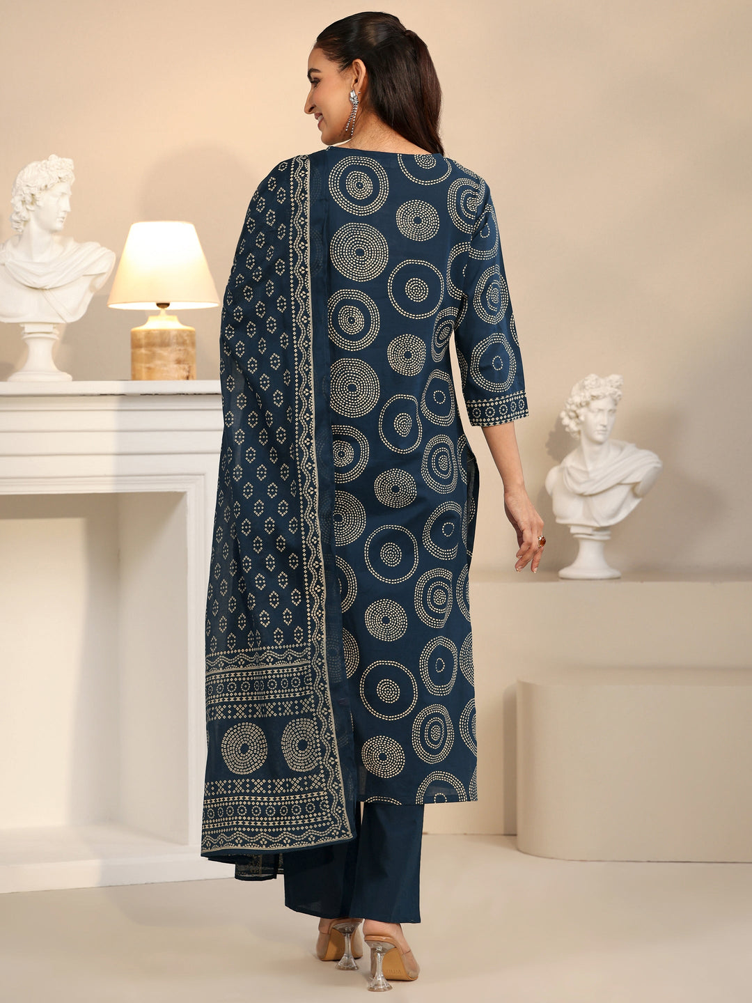 Libas Teal Blue Circular Print Cotton Straight Suit Set