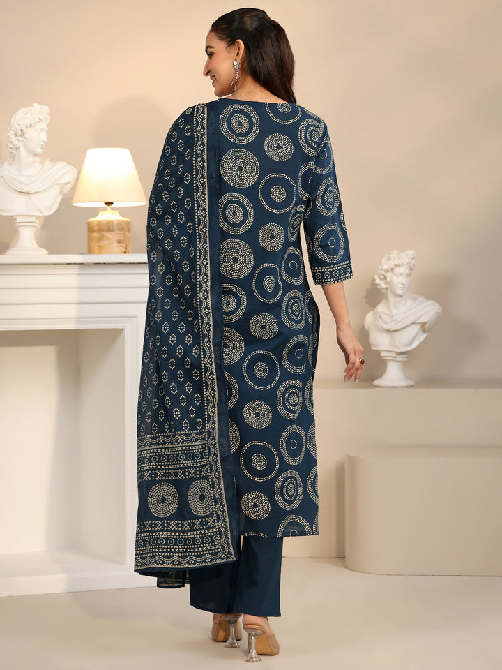 Libas Teal Blue Circular Print Cotton Straight Suit Set