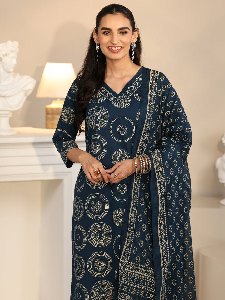 Libas Teal Blue Circular Print Cotton Straight Suit Set