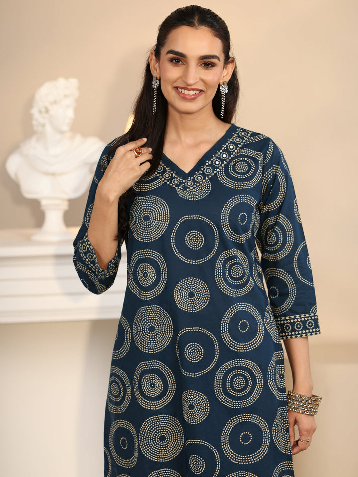 Libas Teal Blue Circular Print Cotton Straight Suit Set