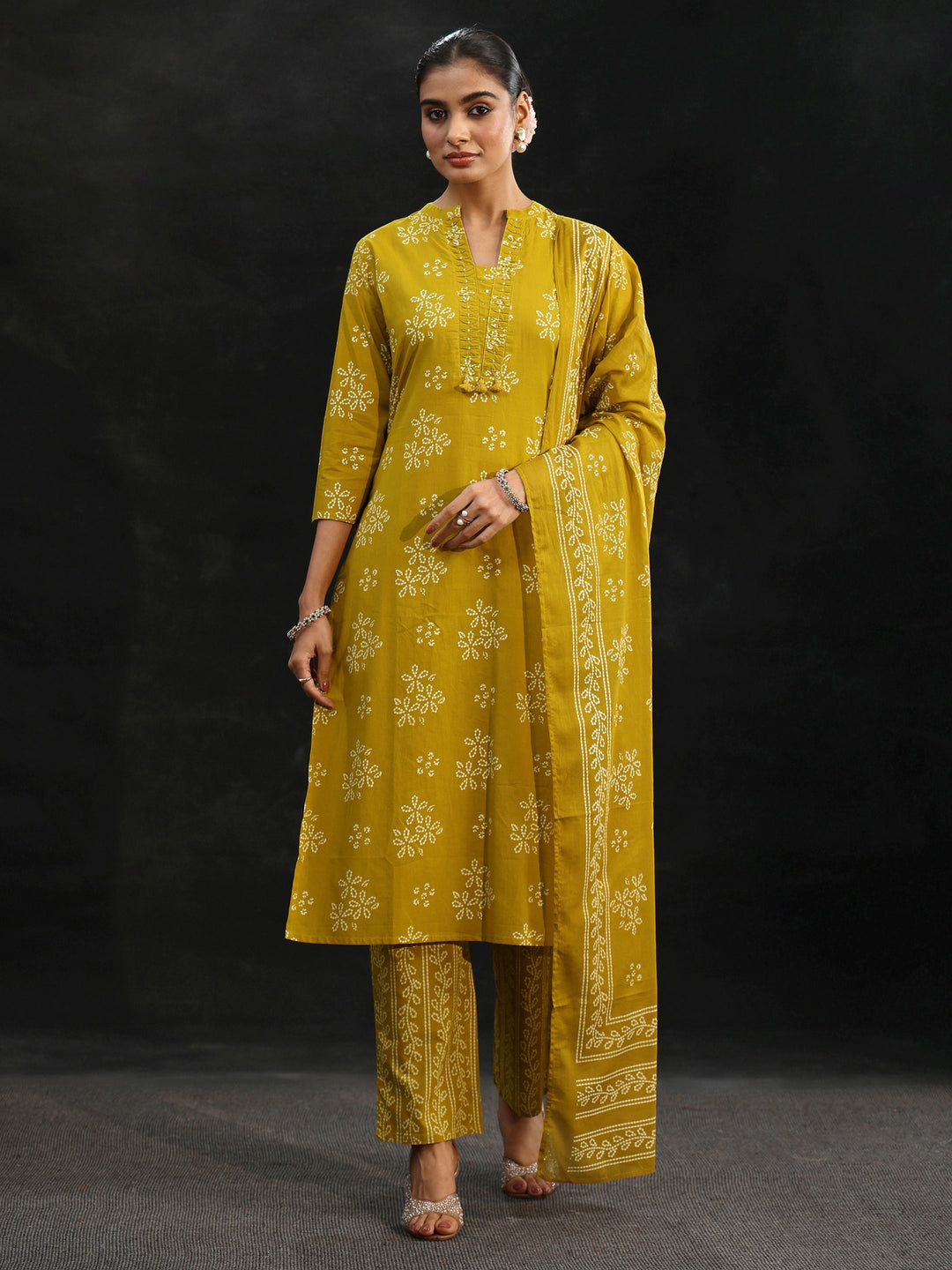 Libas Mustard Bandhani Cotton Straight Suit Set