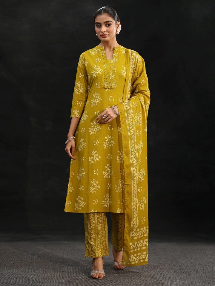 Libas Mustard Bandhani Cotton Straight Suit Set