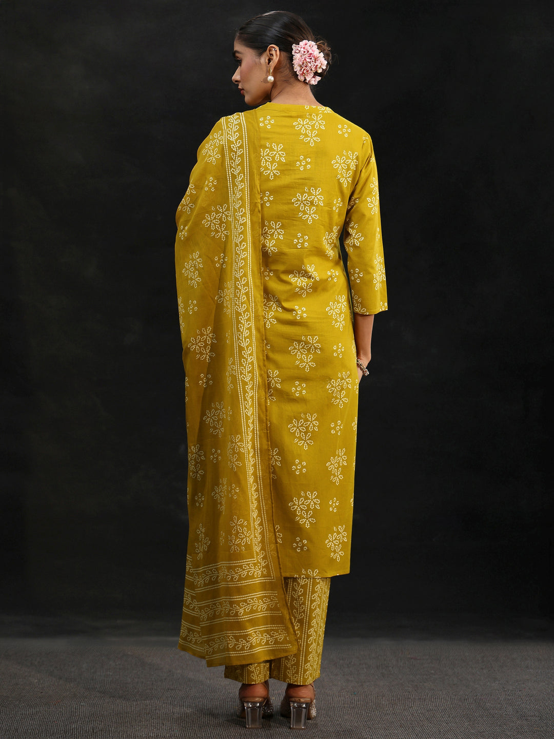 Libas Mustard Bandhani Cotton Straight Suit Set