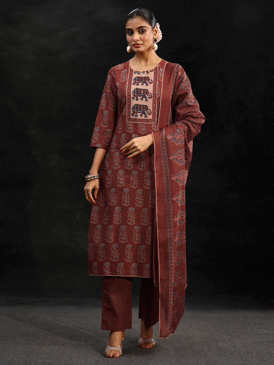 Libas Rust Brown Ajrakh-Inspired Cotton Straight Suit Set