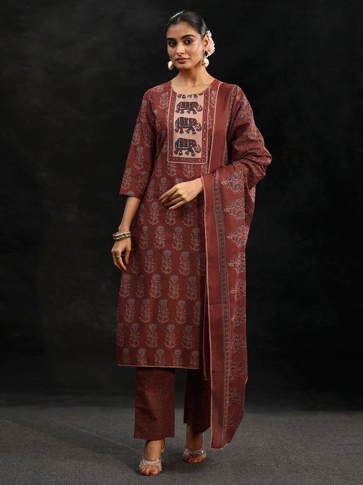 Libas Rust Brown Ajrakh-Inspired Cotton Straight Suit Set