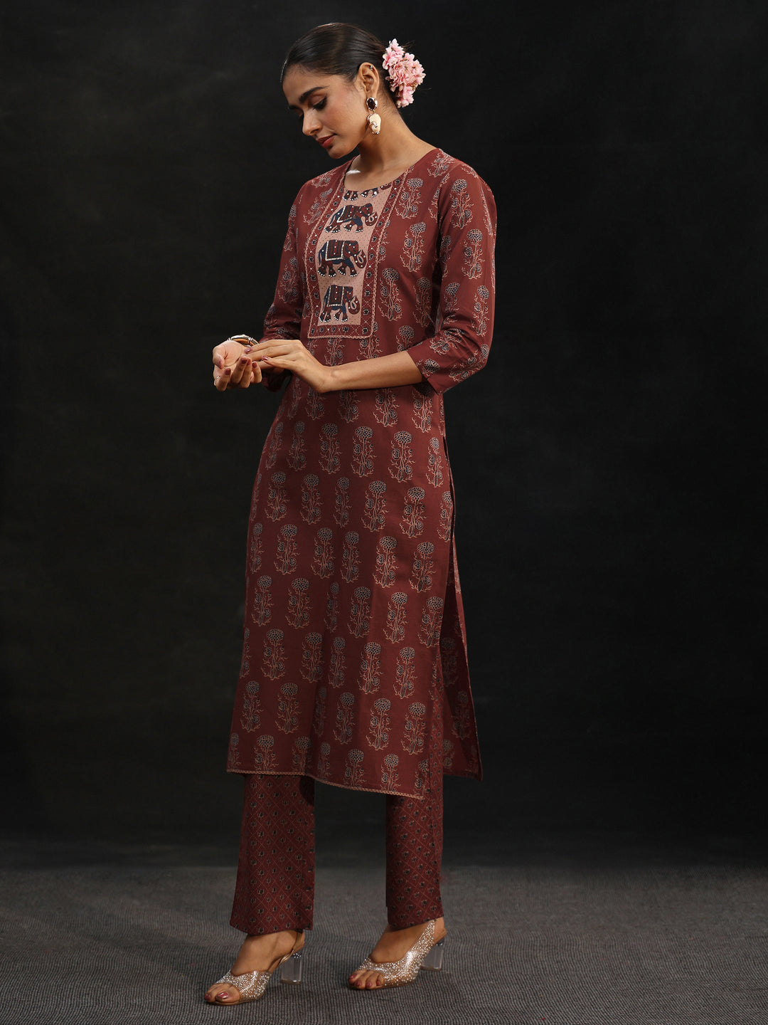 Libas Rust Brown Ajrakh-Inspired Cotton Straight Suit Set