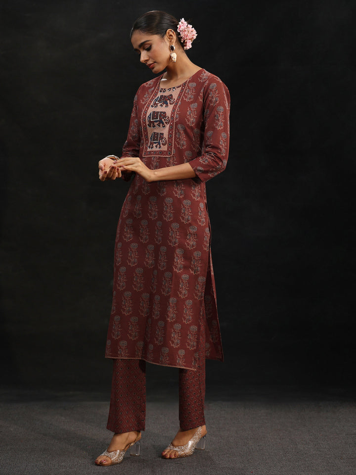 Libas Rust Brown Ajrakh-Inspired Cotton Straight Suit Set