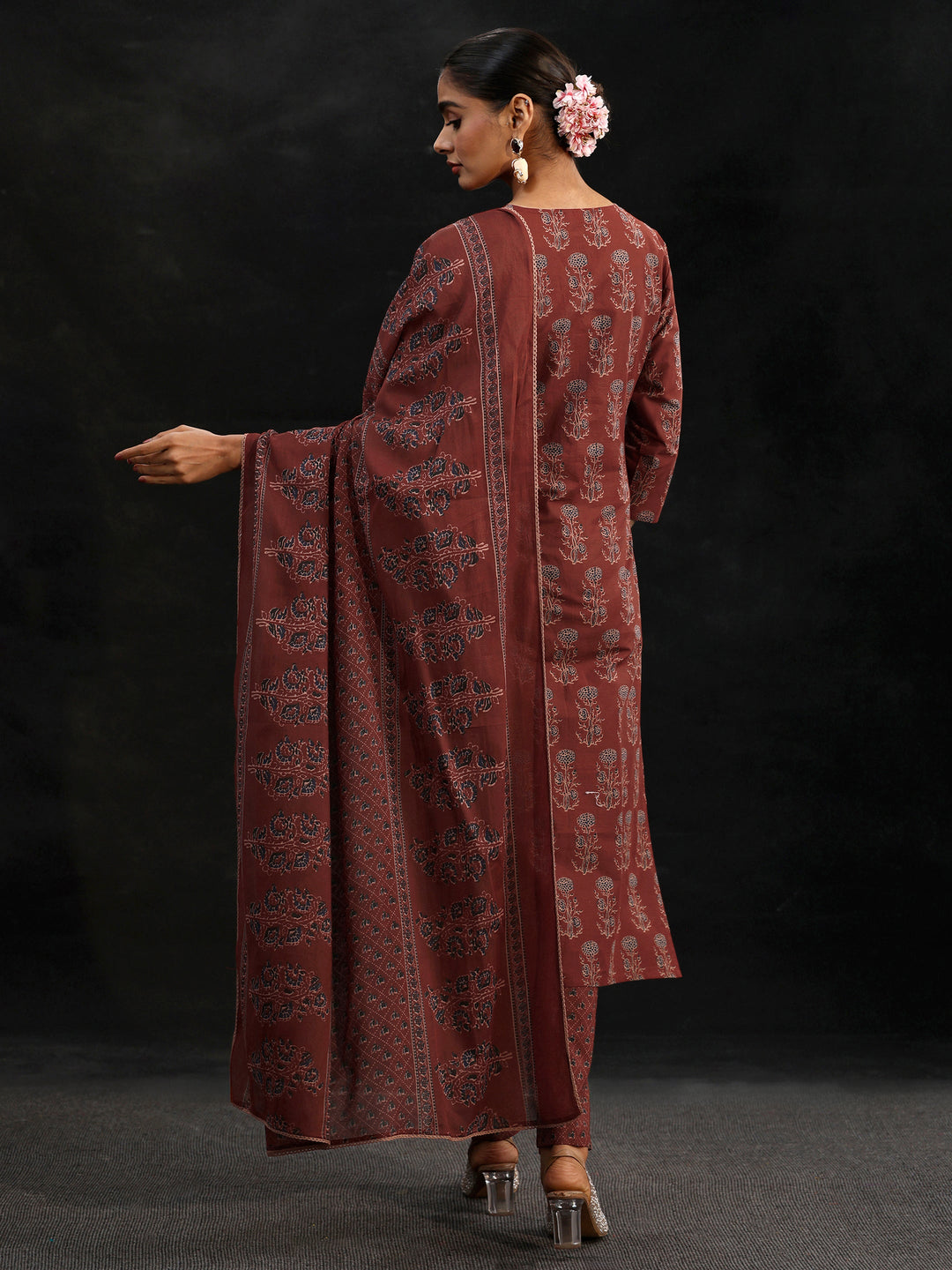 Libas Rust Brown Ajrakh-Inspired Cotton Straight Suit Set