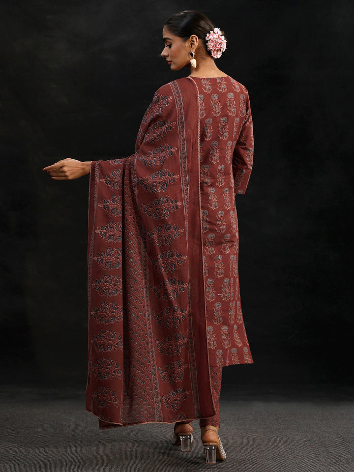 Libas Rust Brown Ajrakh-Inspired Cotton Straight Suit Set